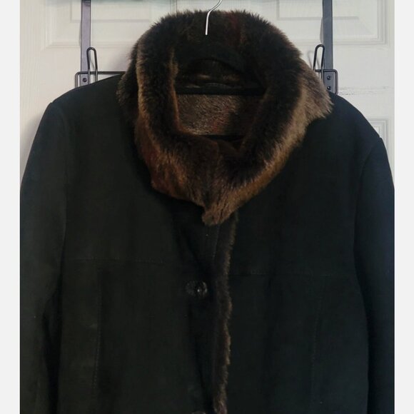 Shearling Sheepskin Wool Fur Coat Jacket Black Women L 40 Overcoat Pea Coat - Picture 2 of 15